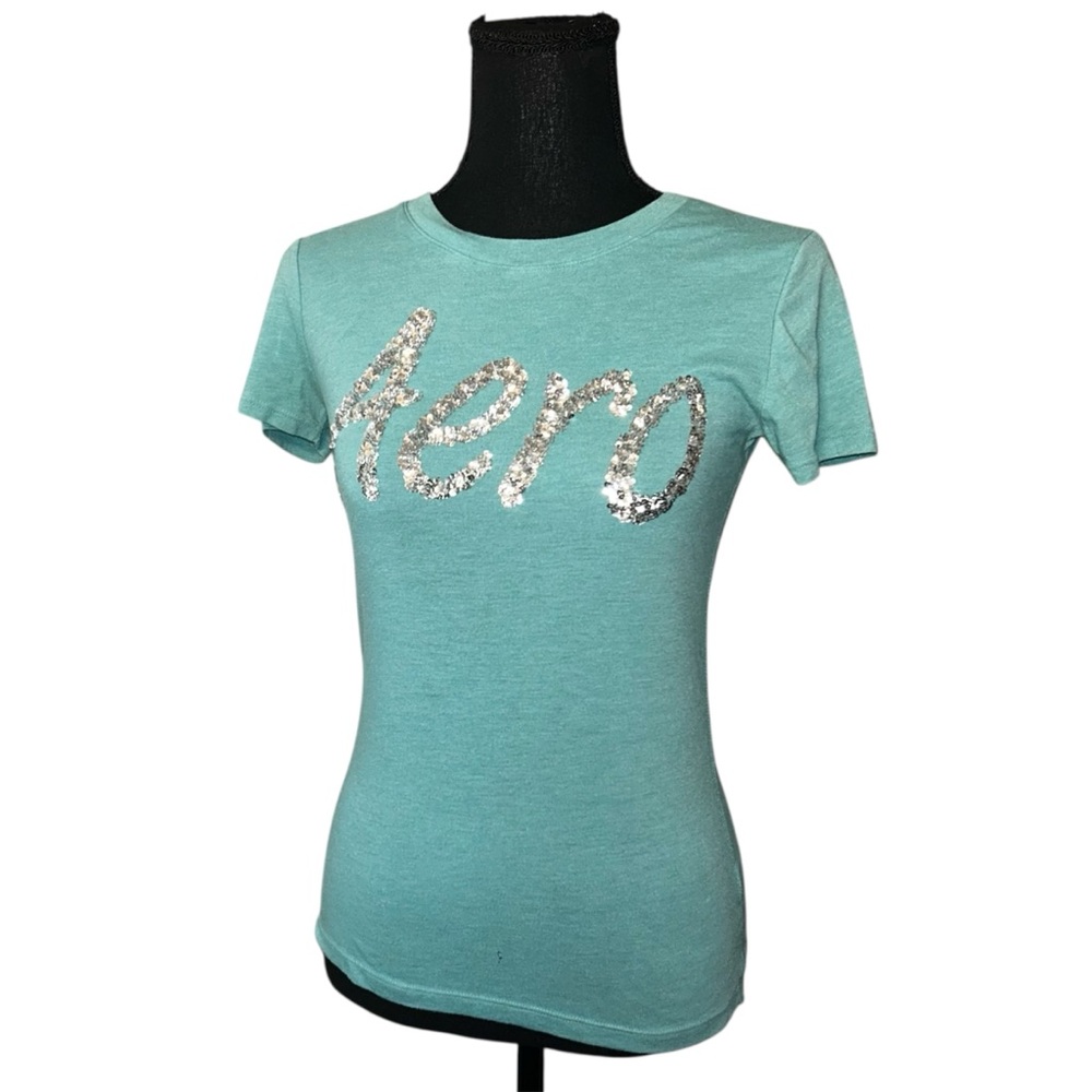 Blue Aeropastle Short Sleeve Top Sequins Women’s Small Y2K Aero Mcbling